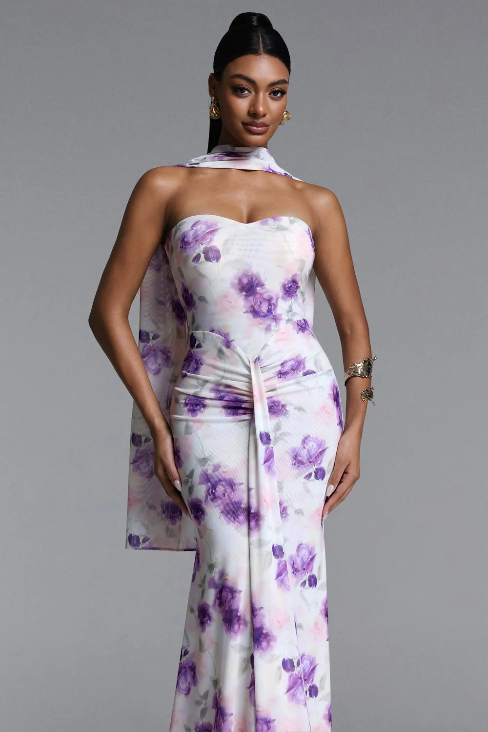 Bella Barnett Olivia abito maxi mesh viola floreale senza spalline