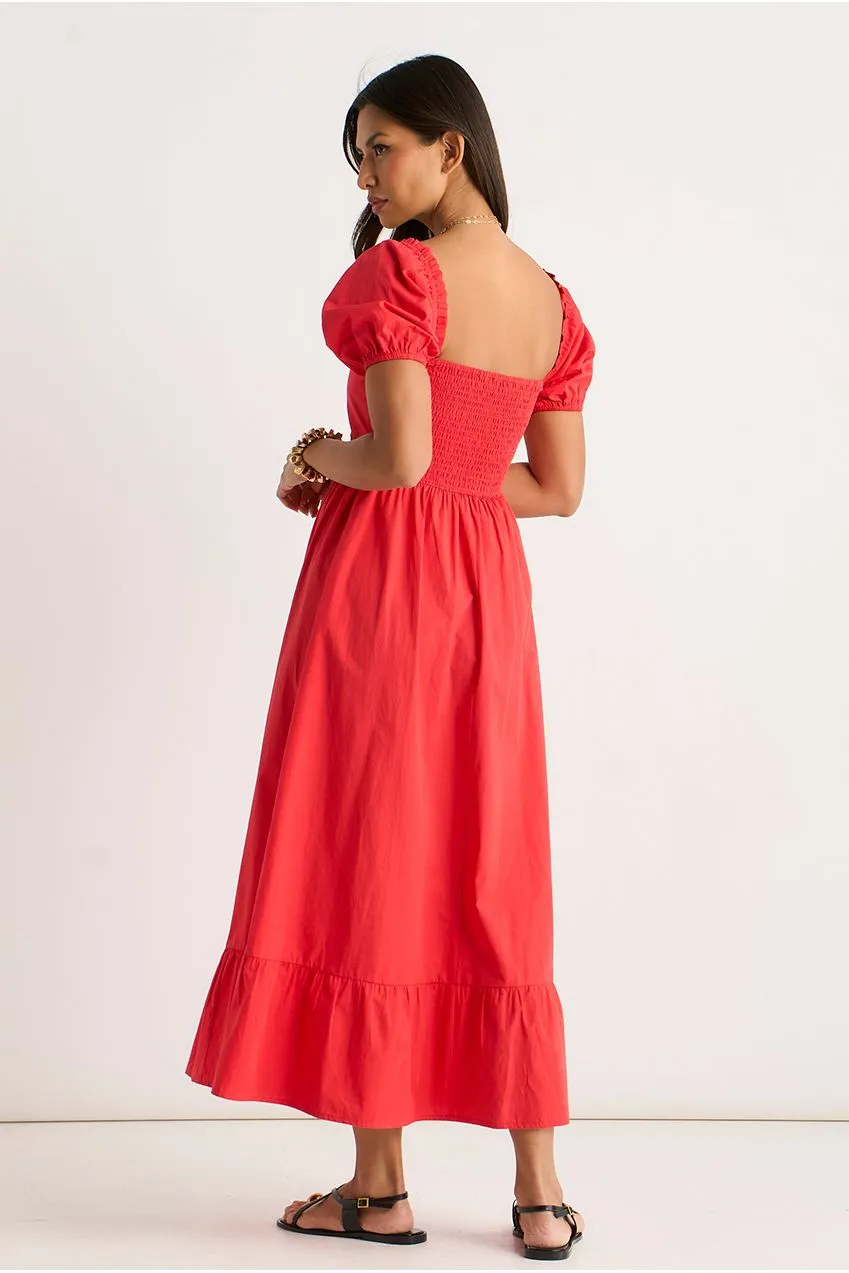 Gini London Gypsy abito midaxi rosso maniche sbuffo