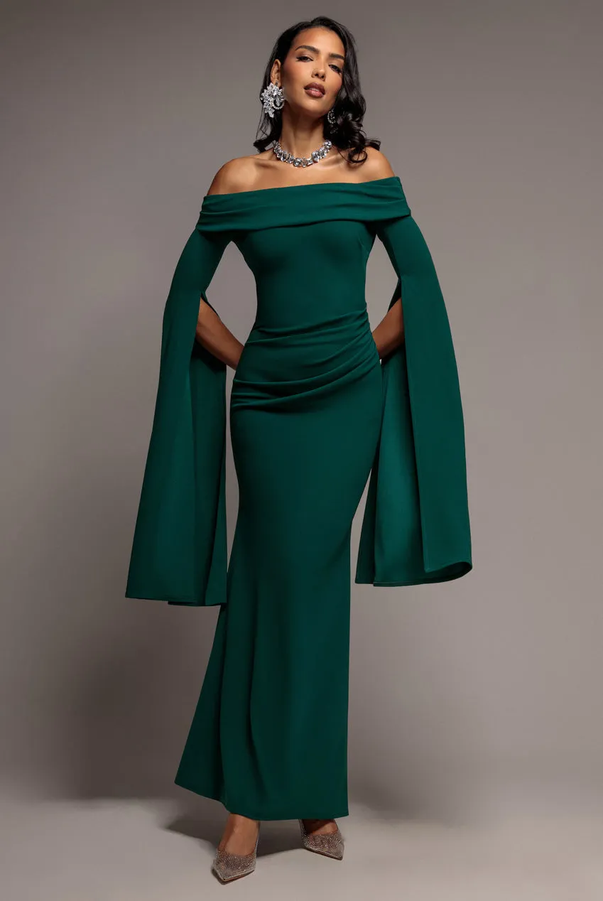 Goddiva Bardot abito maxi smeraldo scuba sirena