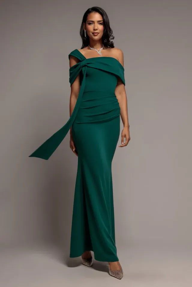 Goddiva Bardot Mermaid abito maxi verde smeraldo monospalla sirena