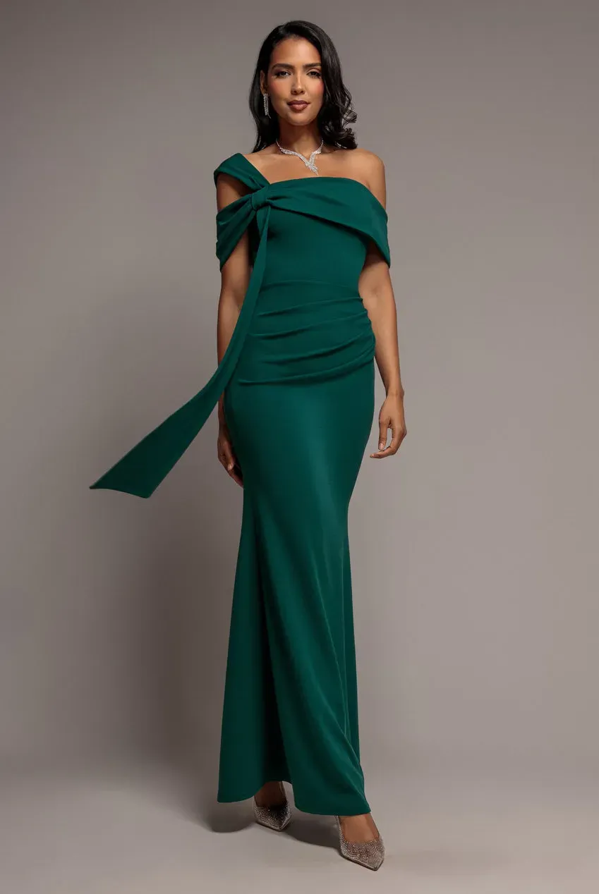 Goddiva Bardot Mermaid abito maxi verde smeraldo monospalla sirena