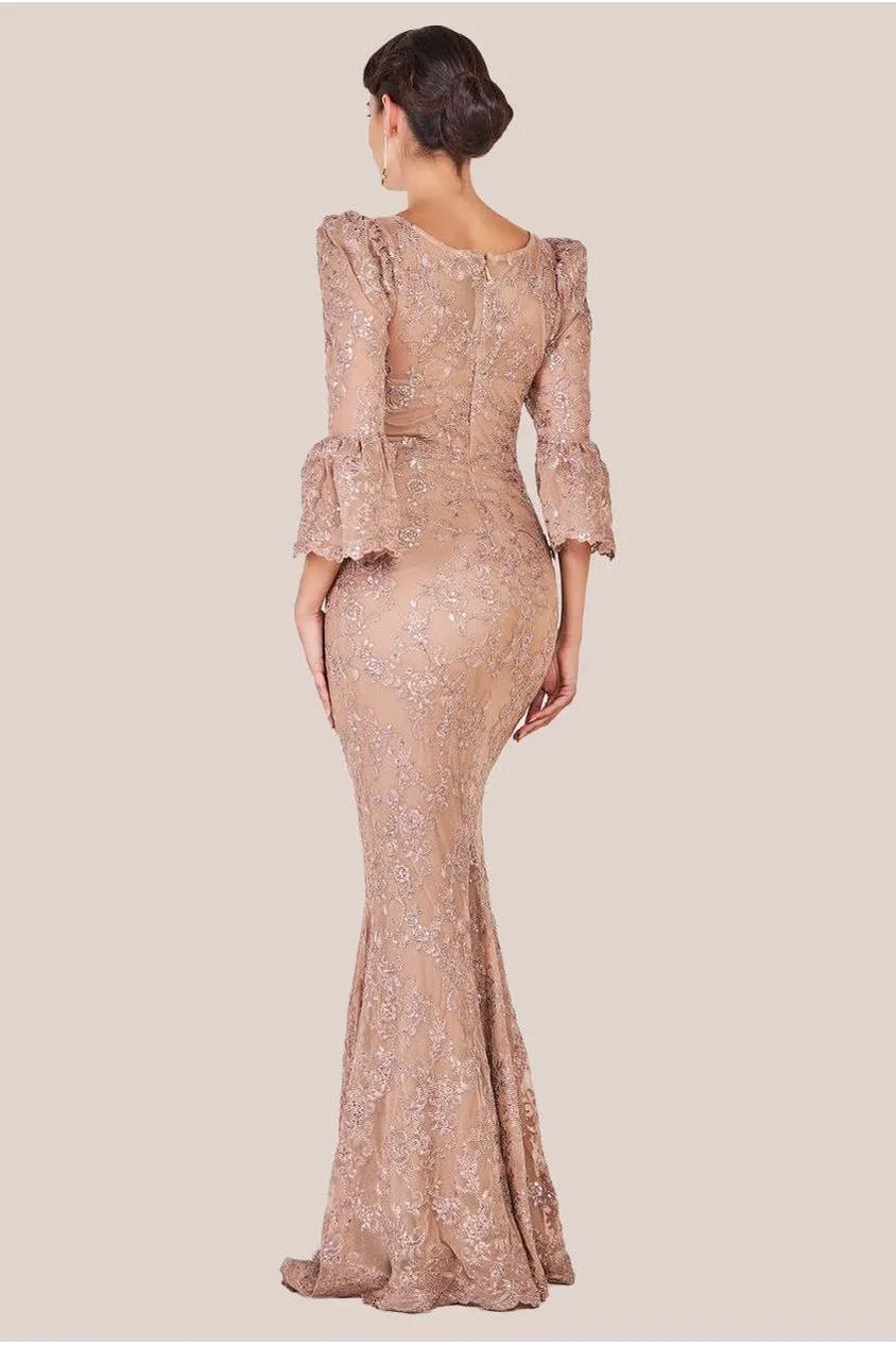 Goddiva Scalloped Lace abito lungo pizzo champagne