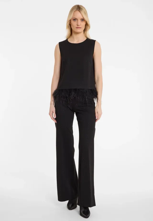 Ana Alcazar Abosea top nero glitter con piume