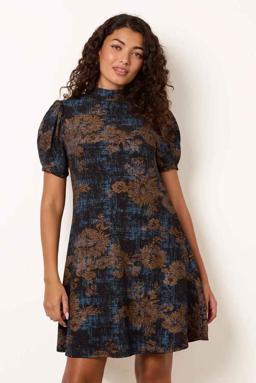 Blue Vanilla High Neck Puff Sleeve miniabito blu elasticizzato