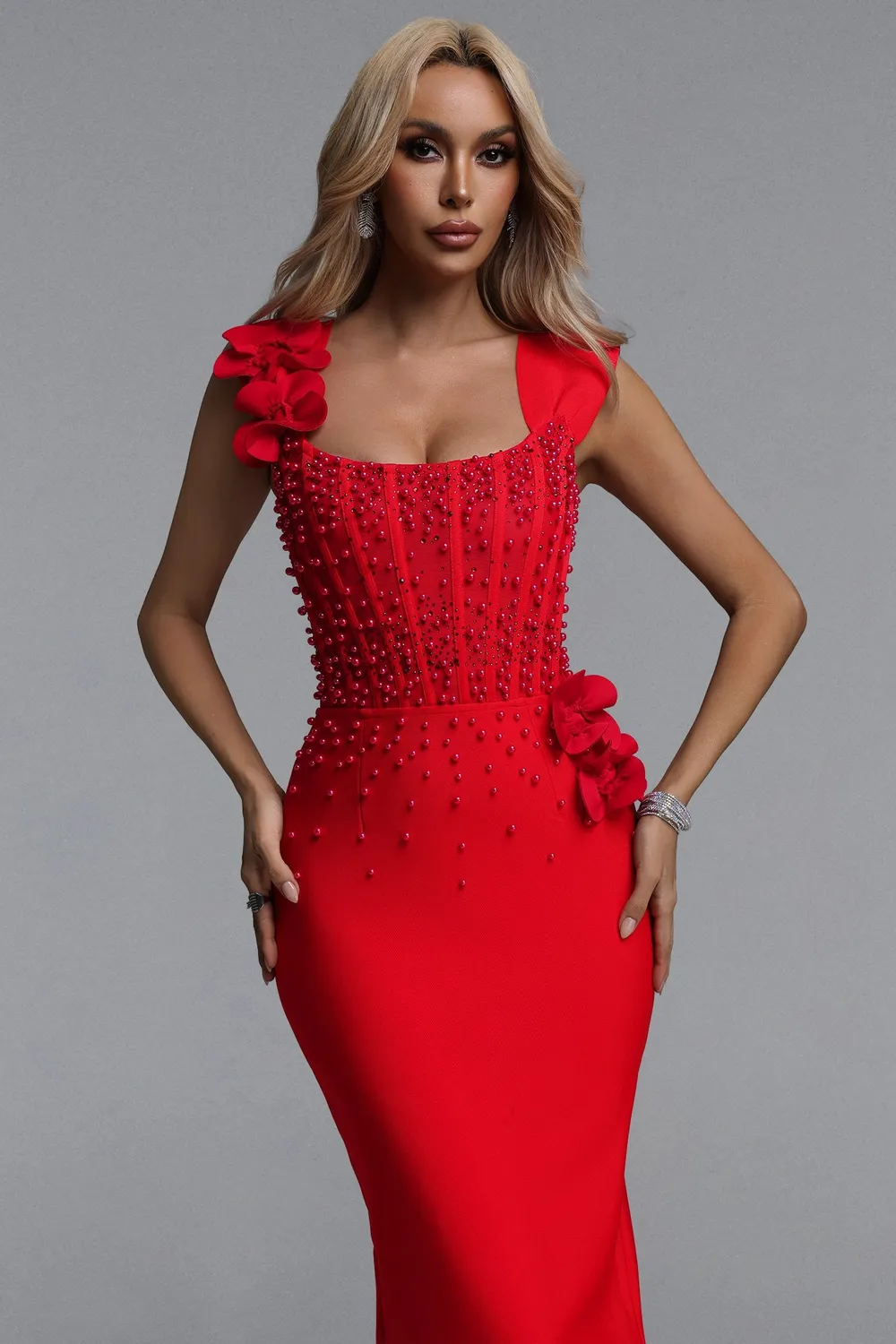 Goddiva Bella Barnett Oria abito maxi rosso scollo quadrato