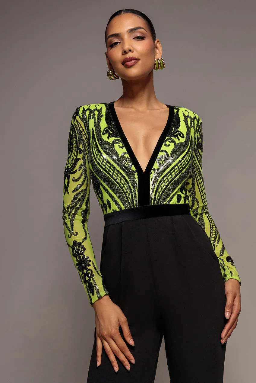 Goddiva Deep V Neck tuta lime scollo V paillettes