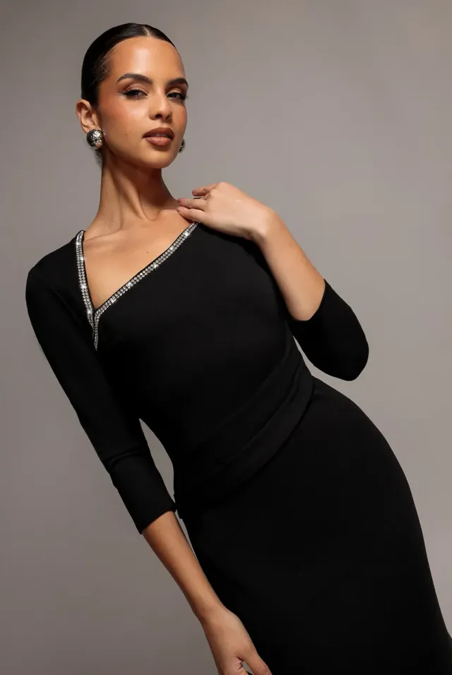 Goddiva Asymmetric Neck Diamante abito maxi nero bodycon