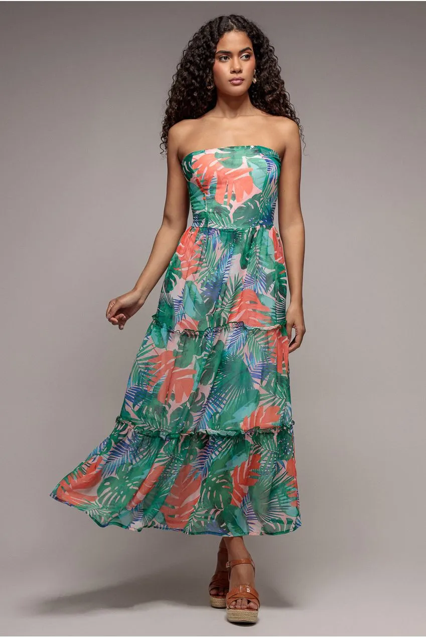 Goddiva Boobtube DR3568 abito maxi fascia jungle print