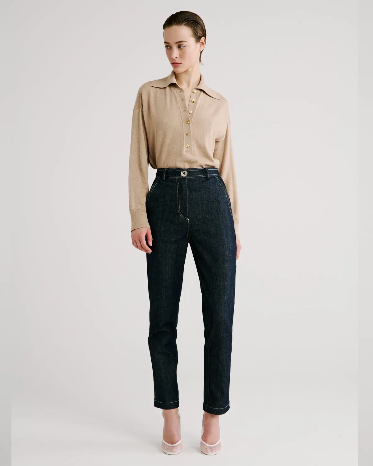 Violante Nessi Ansel maglia polo beige cashmere cotone