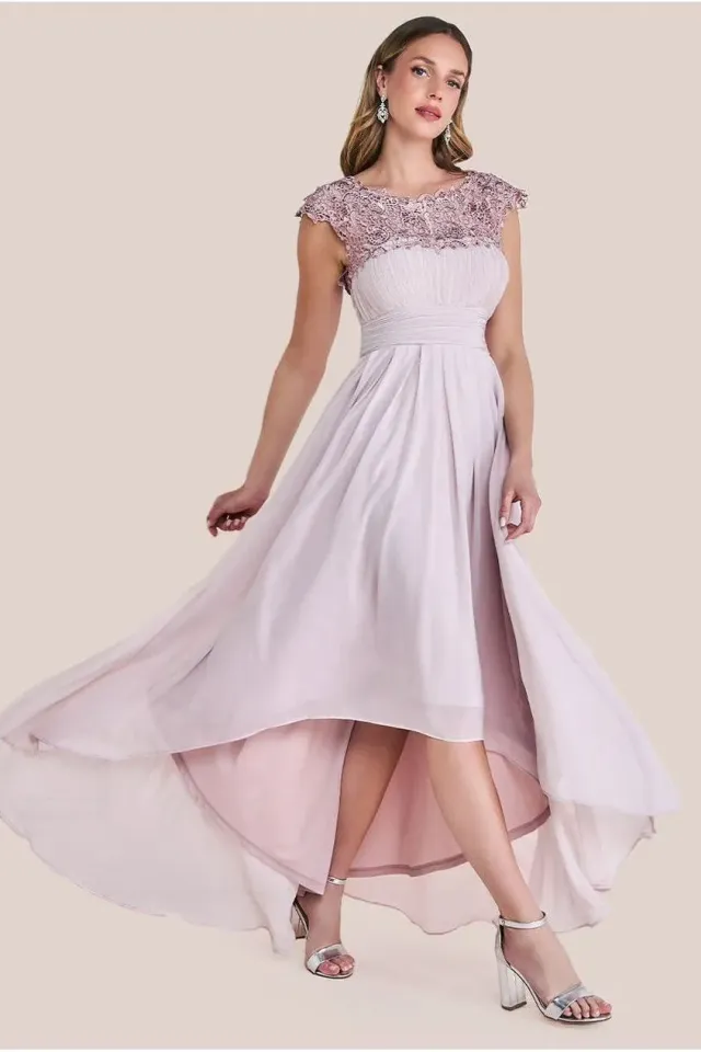 Goddiva Crochet Pleated abito maxi blush 12 chiffon