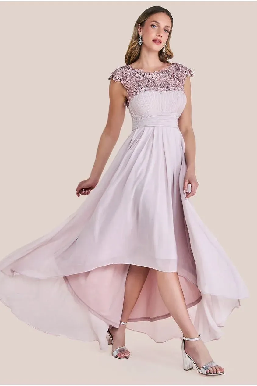 Goddiva Crochet Pleated abito maxi blush 12 chiffon