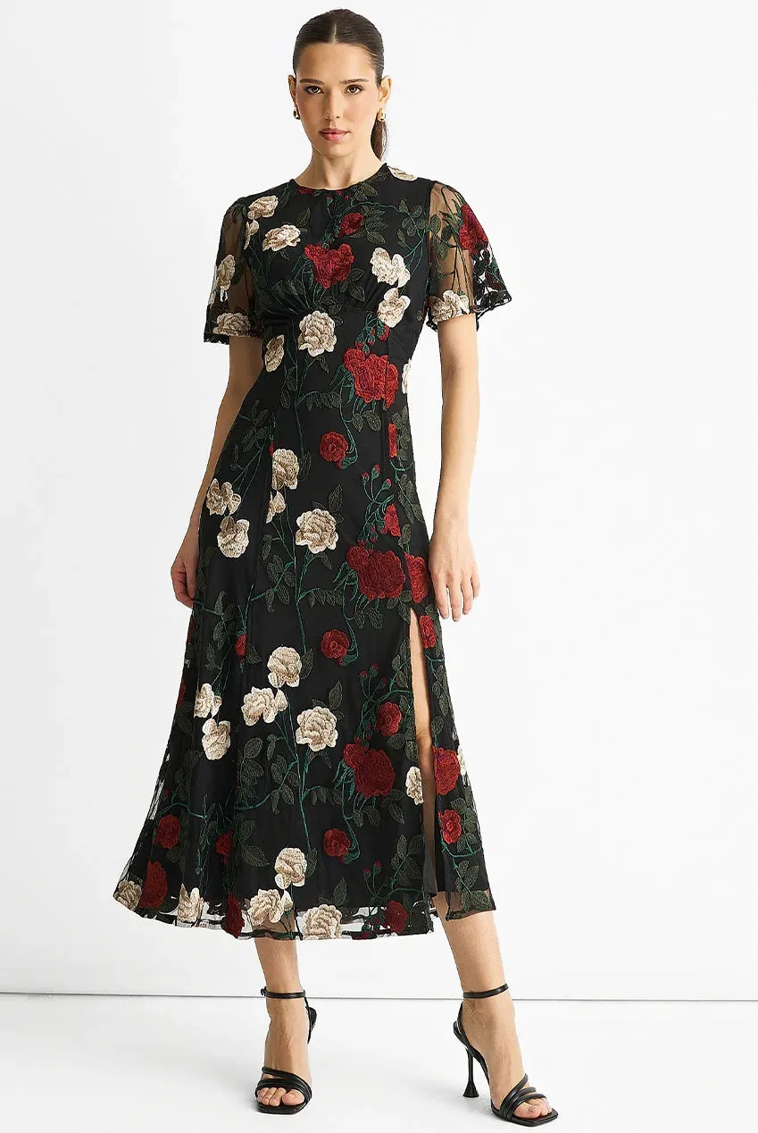Gini London Black Angel Sleeves abito midi nero ricamato