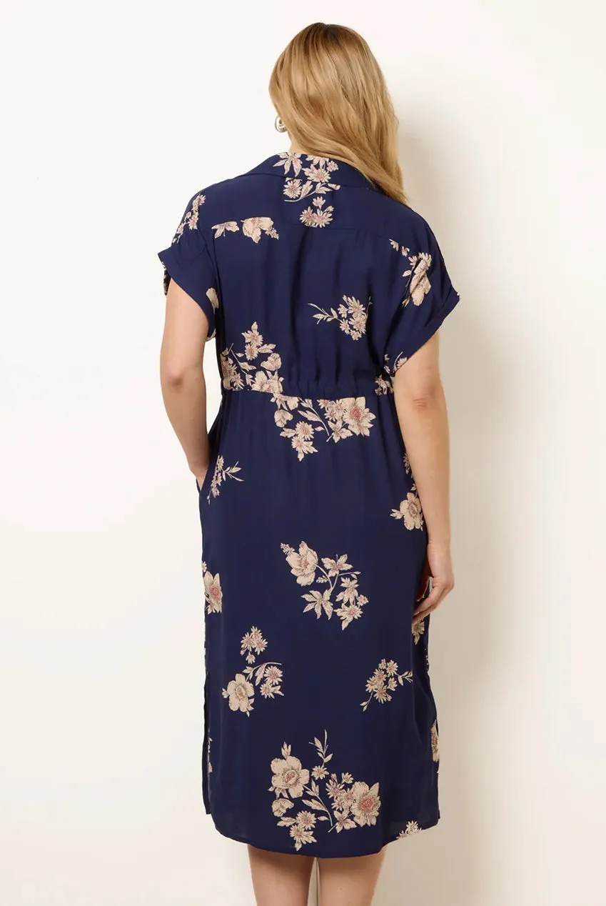 Blue Vanilla Drawstring abito camicia midi blu fiori