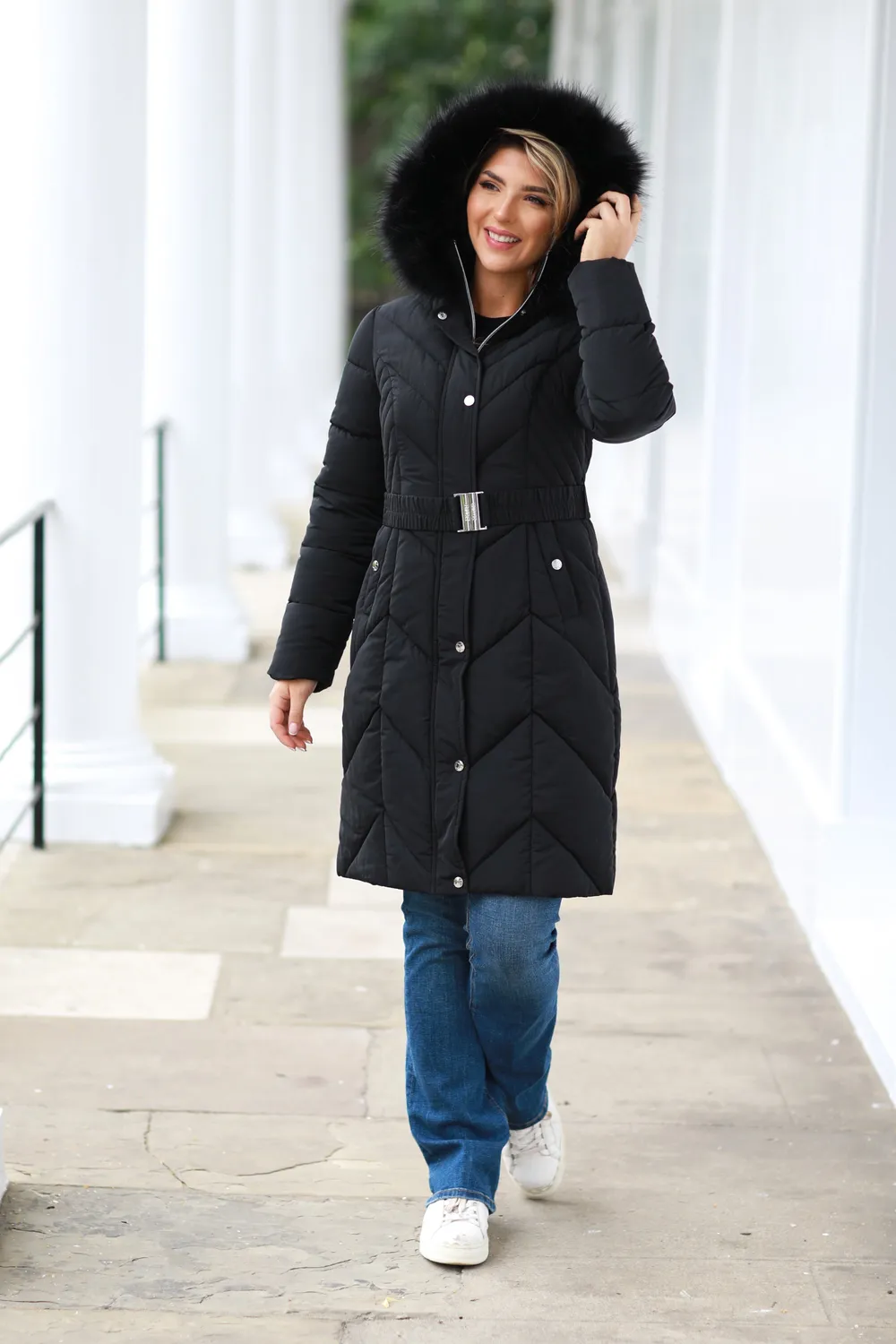 Double Second Belted Puffer Piumino Lungo Nero con Cappuccio cin