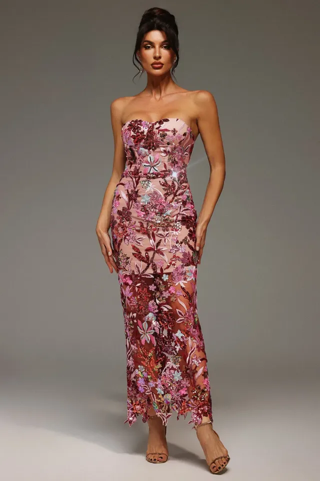 Bella Barnett Lilya abito maxi rosa paillettes spalle scoperte