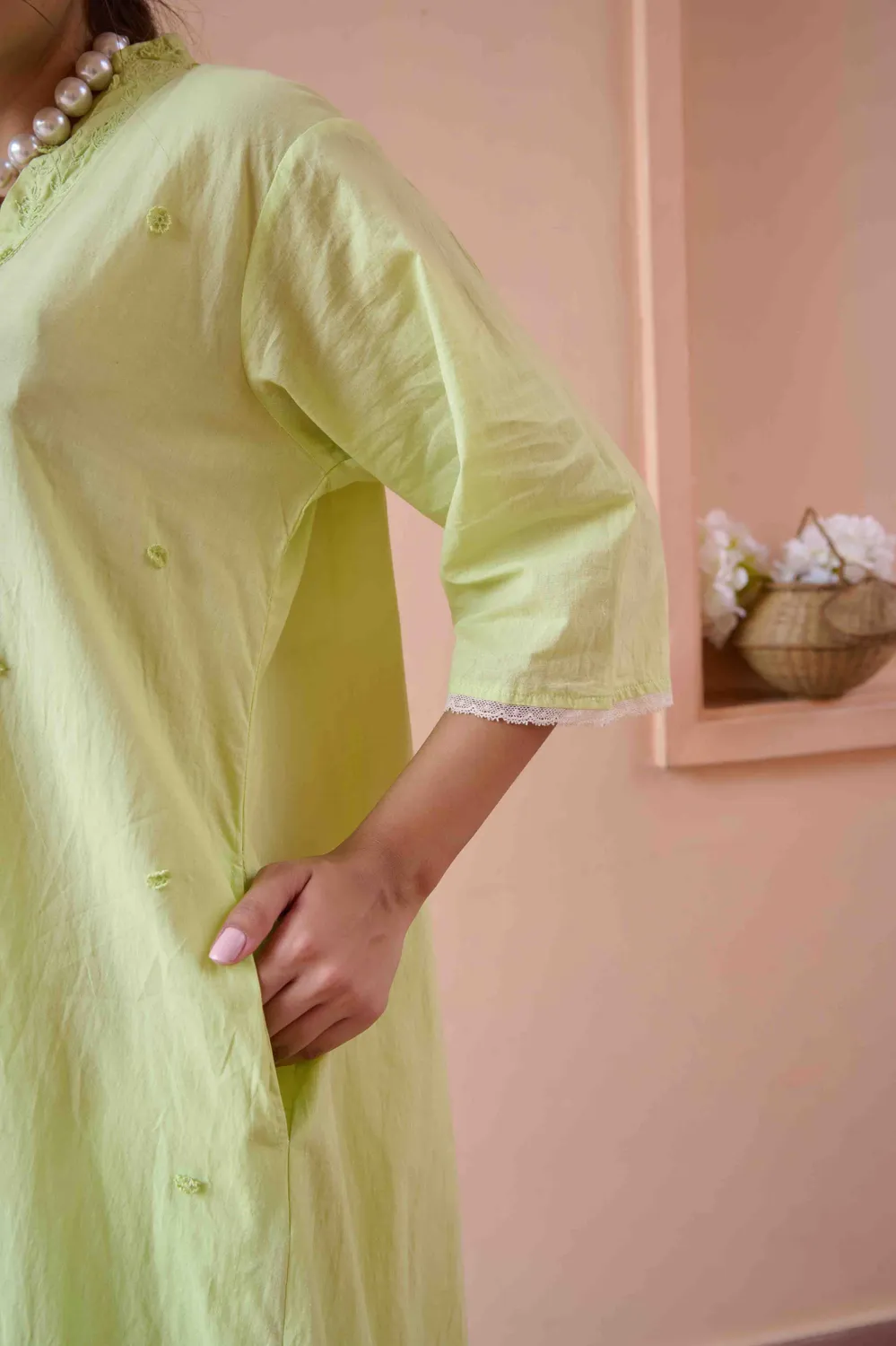 Our Dve Olivia abito verde cotone scollo V