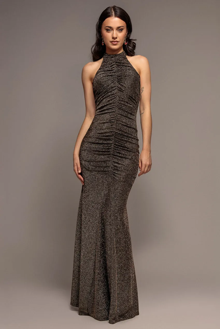 Goddiva Halter Neck Front Gathered Backless Glitter Maxi abito oro