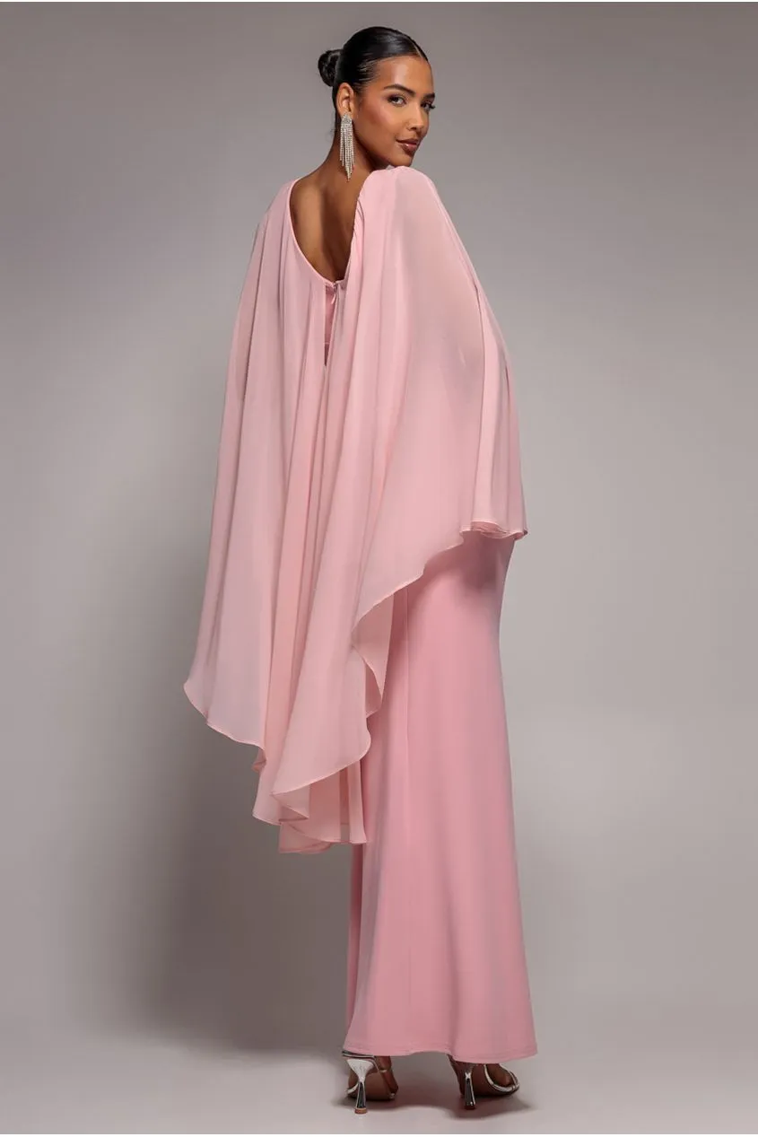 Goddiva Cape Sleeve abito maxi blush scuba chiffon