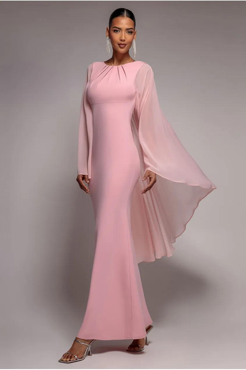 Goddiva Cape Sleeve abito maxi blush scuba chiffon