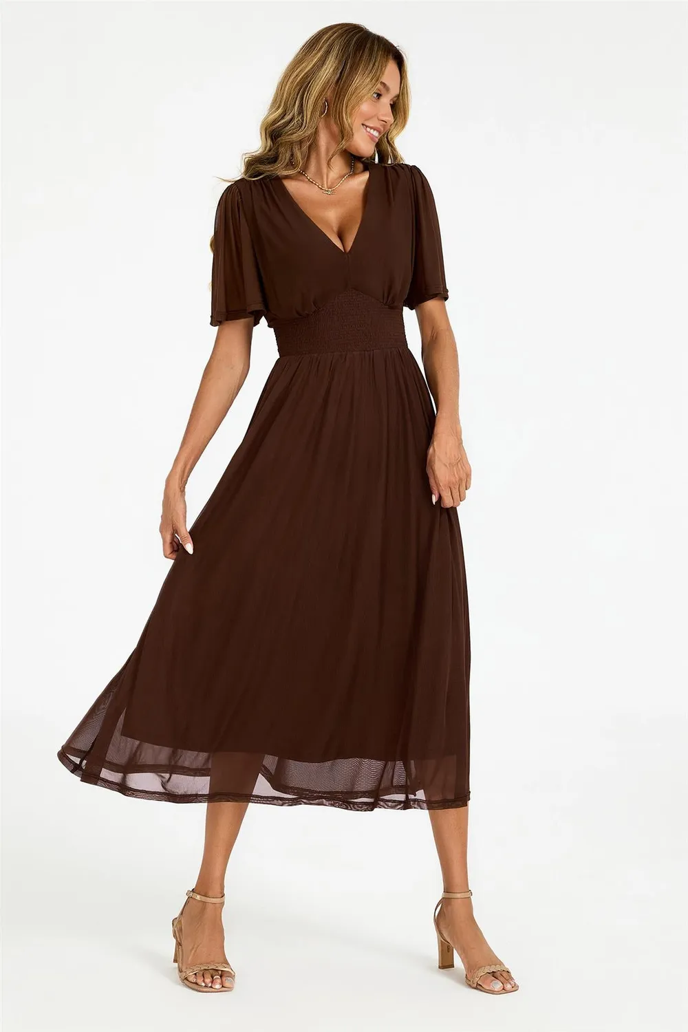 FS Collection Flutter Sleeve abito midi marrone scollo V