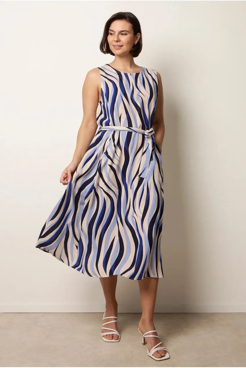 Blue Vanilla Abito Midi Navy Stampa Onde con Cintura Sm infradito