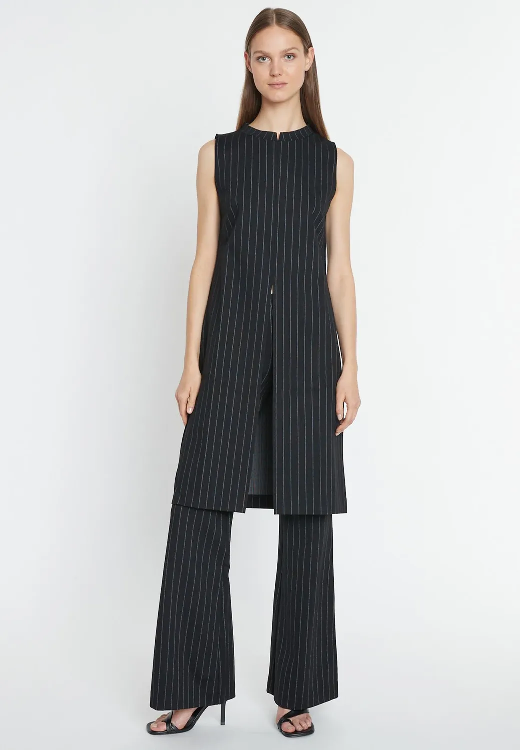 Ana Alcazar Mesta Top Nero Gessato Collo Alto Smanicato