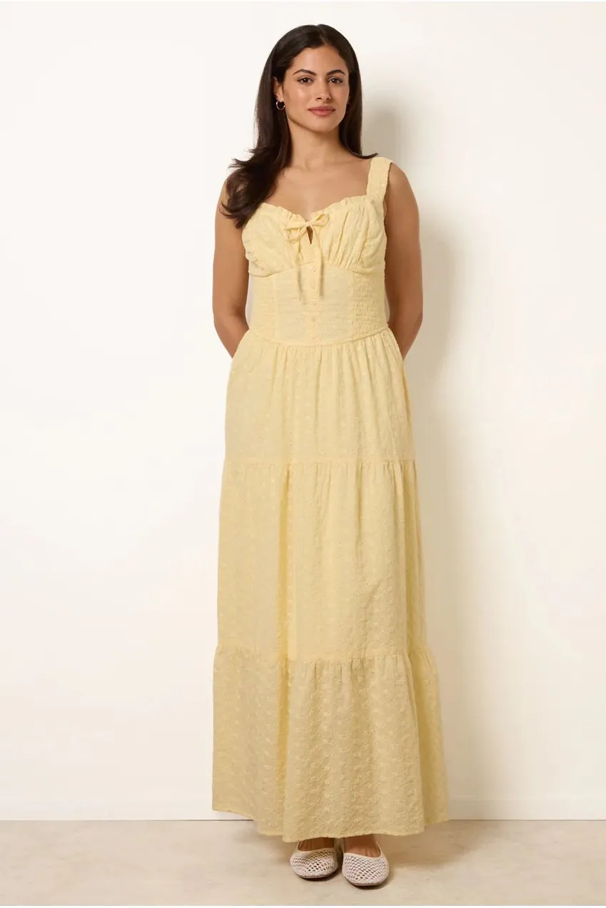 Blue Vanilla Broderie Button Maxi Abito Giallo Limone Cotone