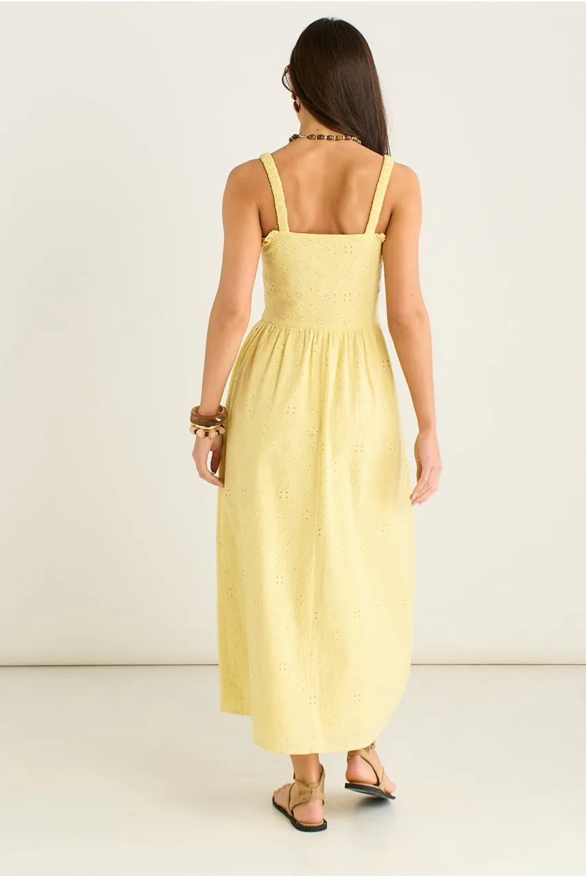 Gini London Yellow Embroidered Shirred Bodice abito giallo sole