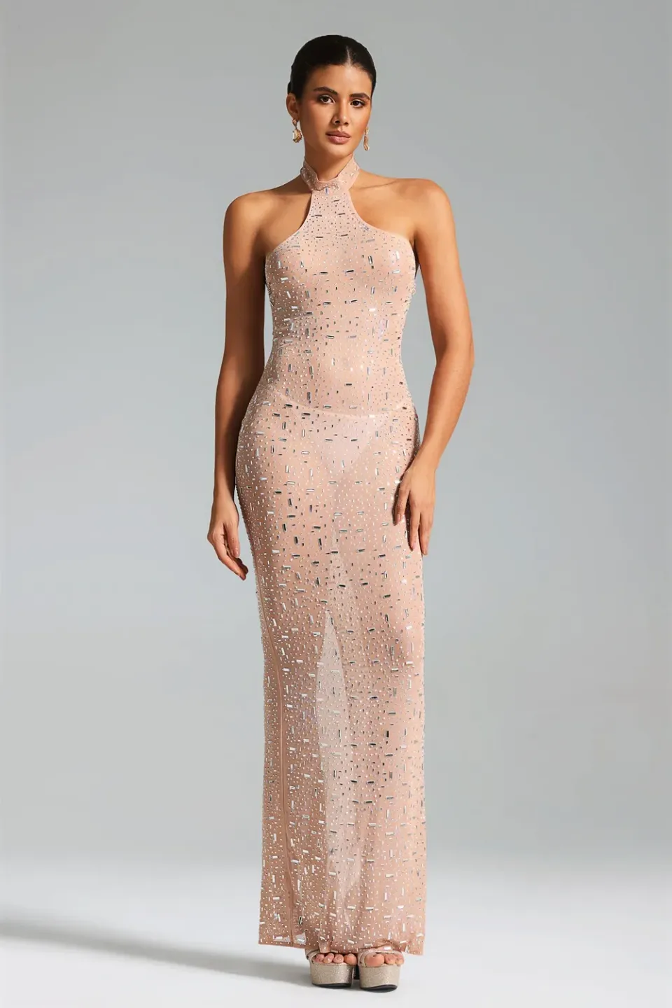 Bella Barnett Willi abito maxi beige halter diamantini