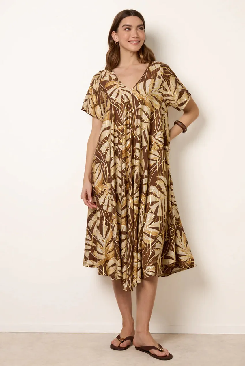 Blue Vanilla Tropical Kimono abito midi cioccolato metallizzato