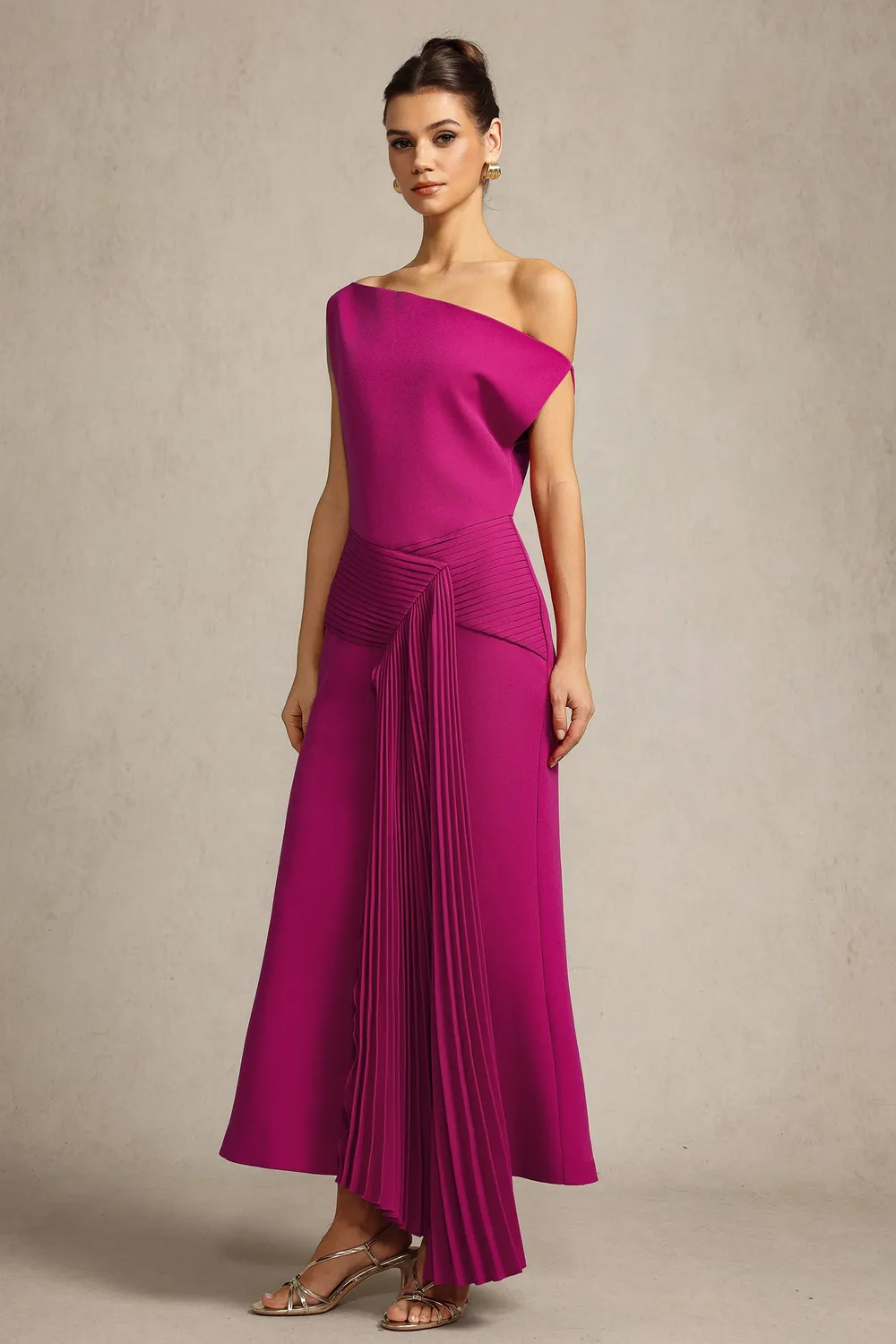 Bella Barnett Paulina abito midi rosa monospalla drappeggio