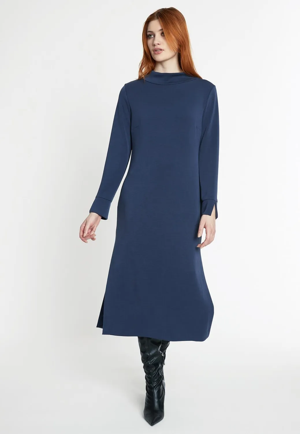 Ana Alcazar Sedani abito midi blu jersey manica lunga
