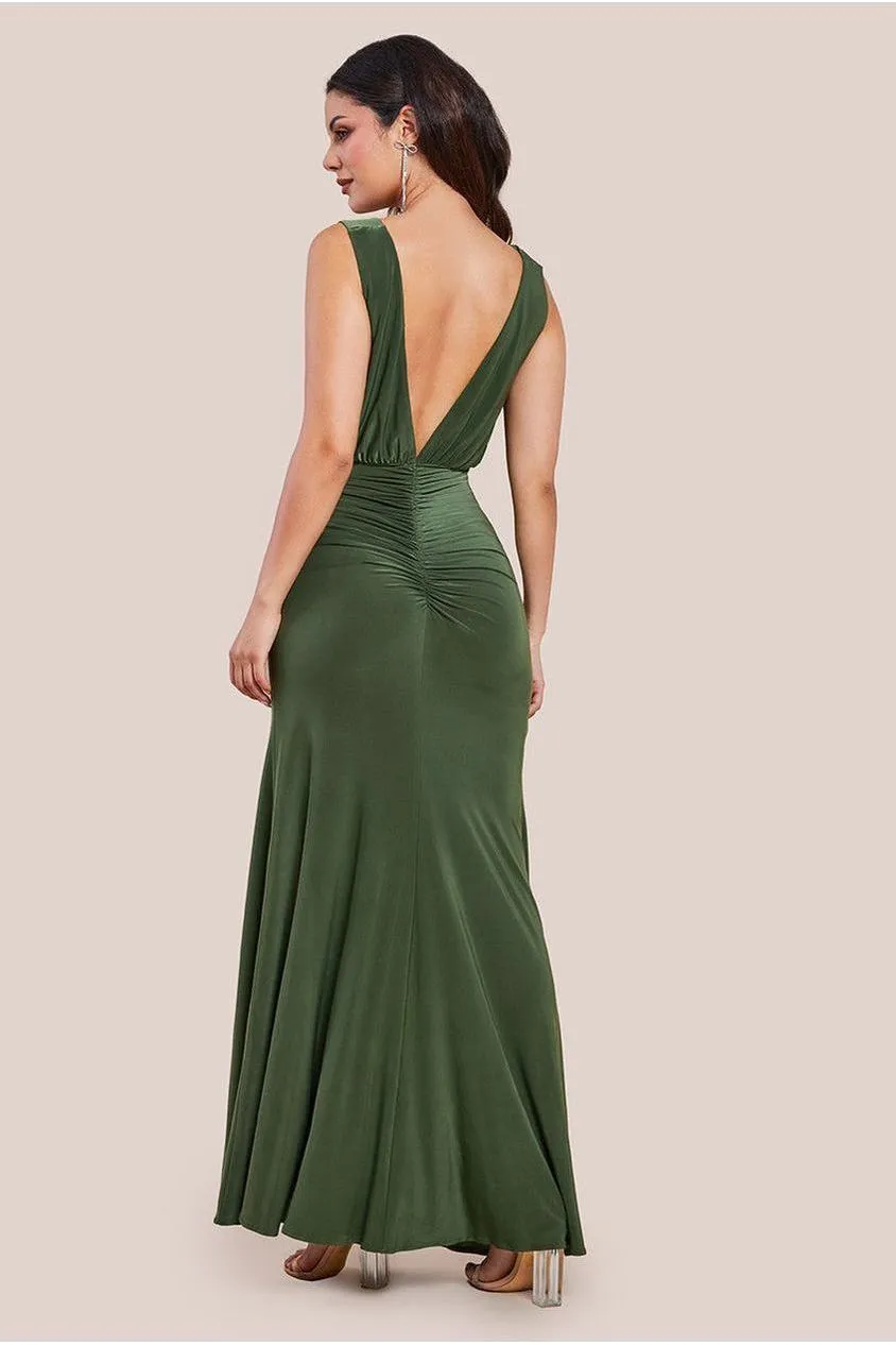 Goddiva Front Wrap abito lungo verde oliva incrocio