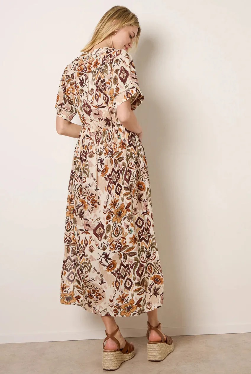 Blue Vanilla Drawstring Waist Abito Midi Marrone Stampa Manica Corta