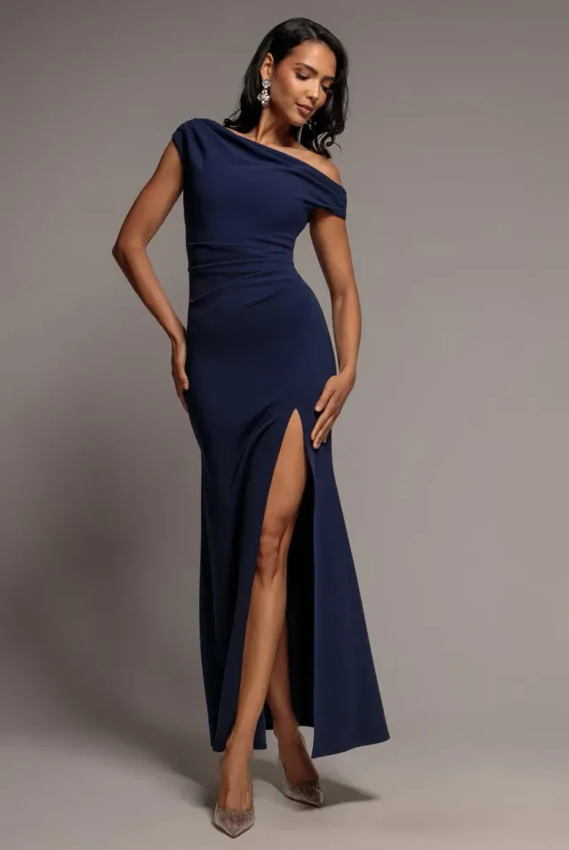 Goddiva One Shoulder Abito maxi navy blu scuba spacco