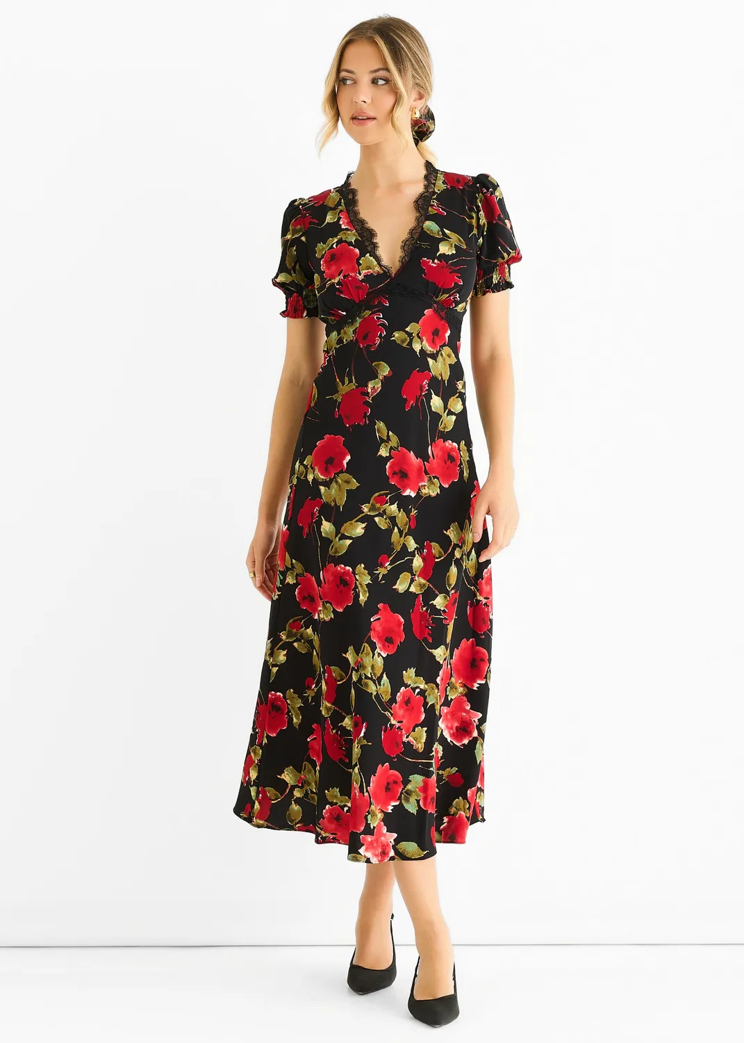 Gini London Floral Lace Trim Abito Midi Nero Pizzo 8-16
