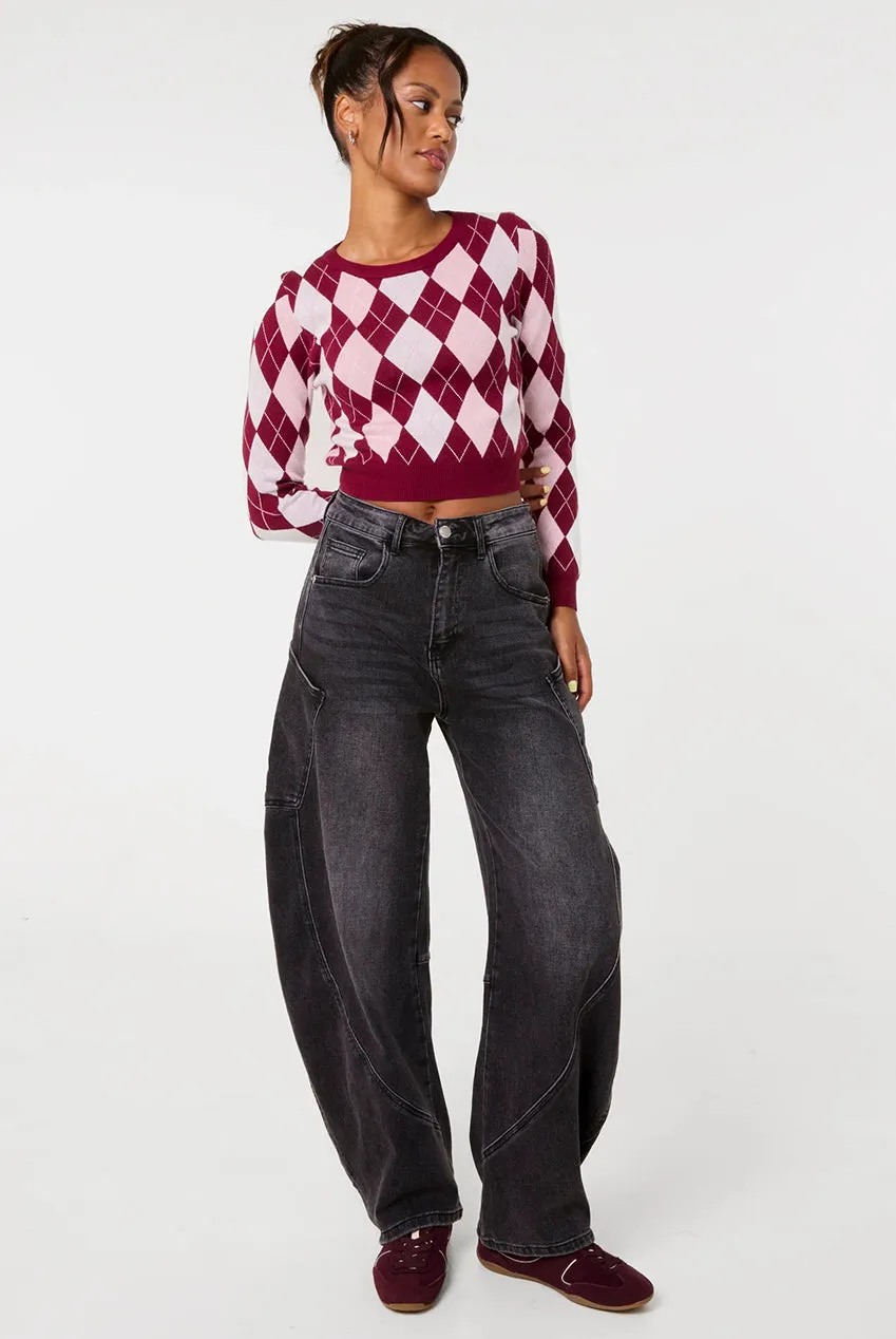 Pink Vanilla Argyle Diamond Check maglione vino cropped