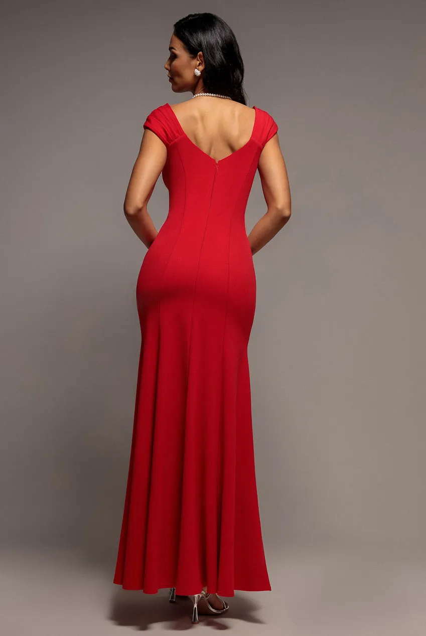 Goddiva Pleated Fit & Flare abito maxi rosso scuba