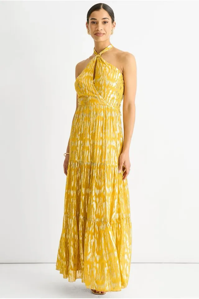 Gini London Animal Jacquard abito maxi giallo halter
