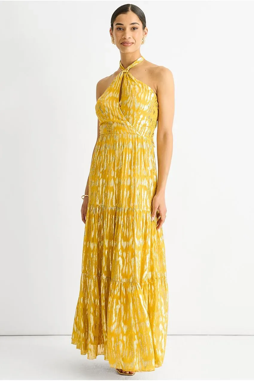 Gini London Animal Jacquard abito maxi giallo halter