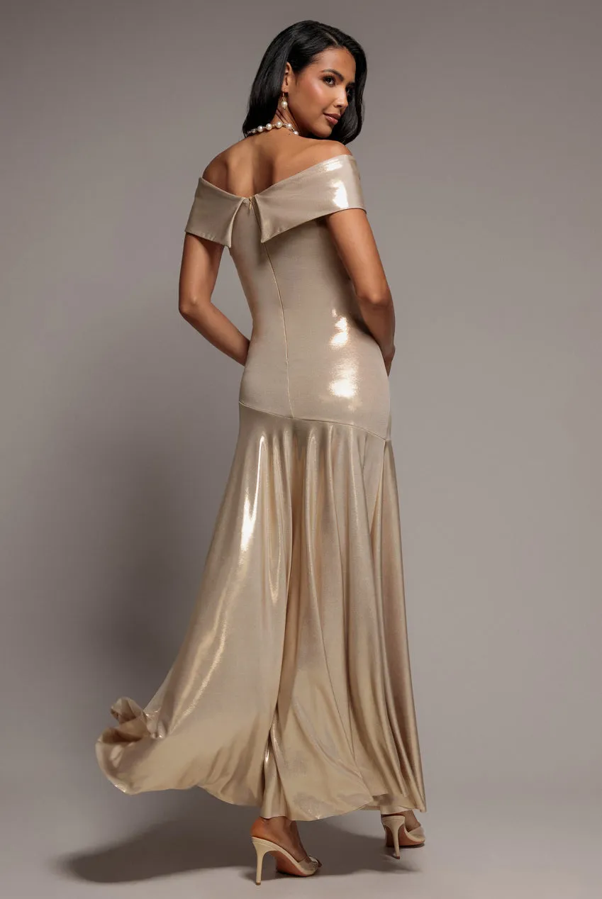 Goddiva Bardot Pleated Foil Abito Maxi Oro