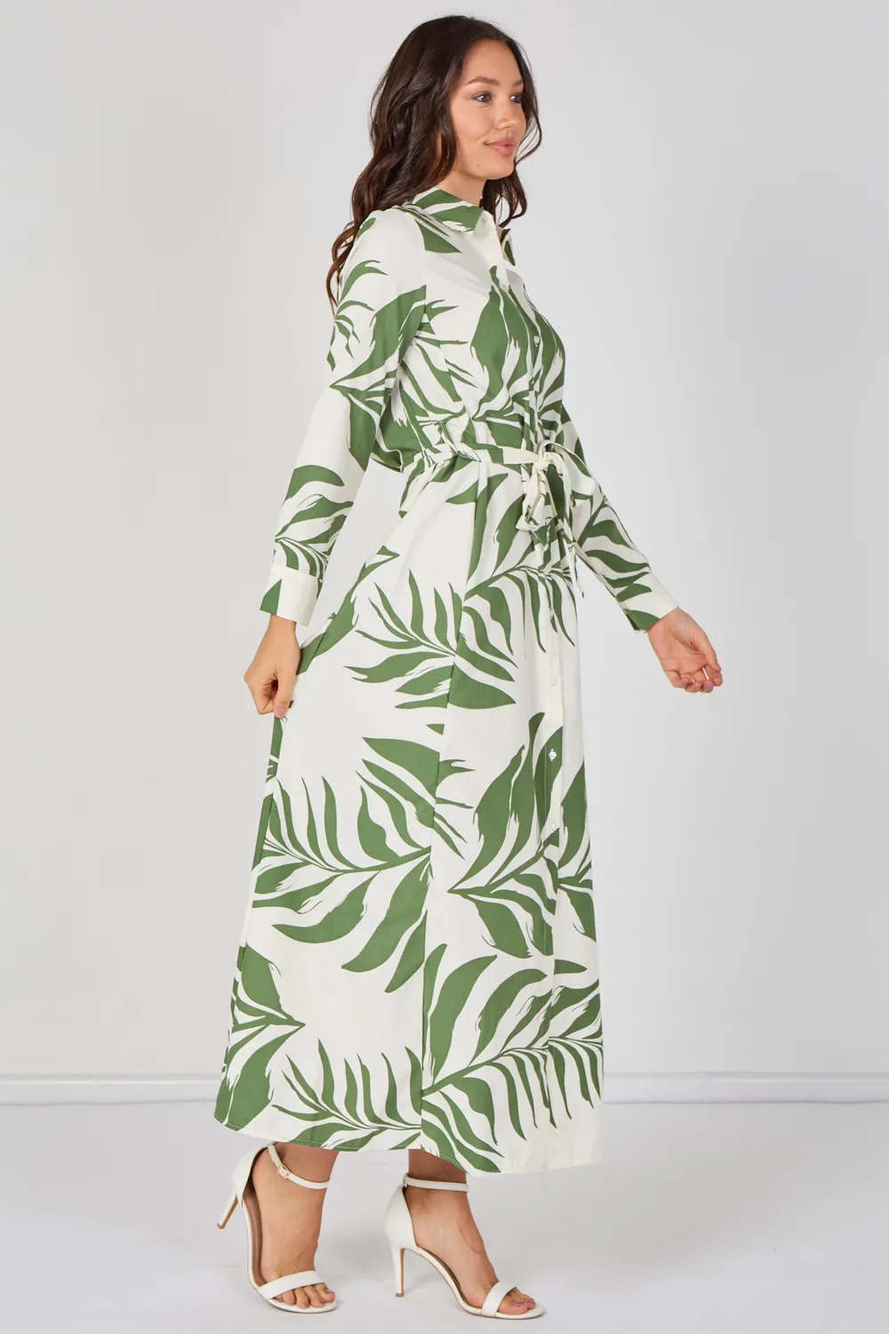 Love Sunshine Green Palm Print abito camicia verde maxi