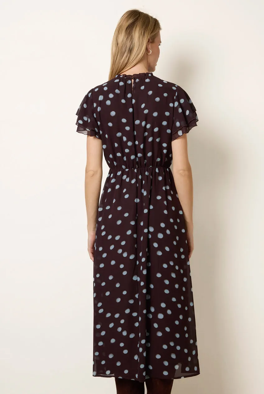 Blue Vanilla Polka Dot Frill Neck abito midi cioccolato pois