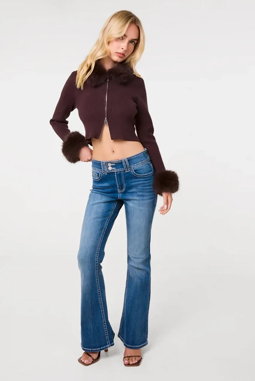 Pink Vanilla Fur Trim Zip Through cardigan cioccolato pelliccia