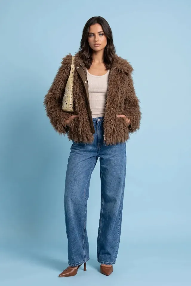 Urban Bliss Mongolian cappotto pelliccia marrone effetto voluminoso