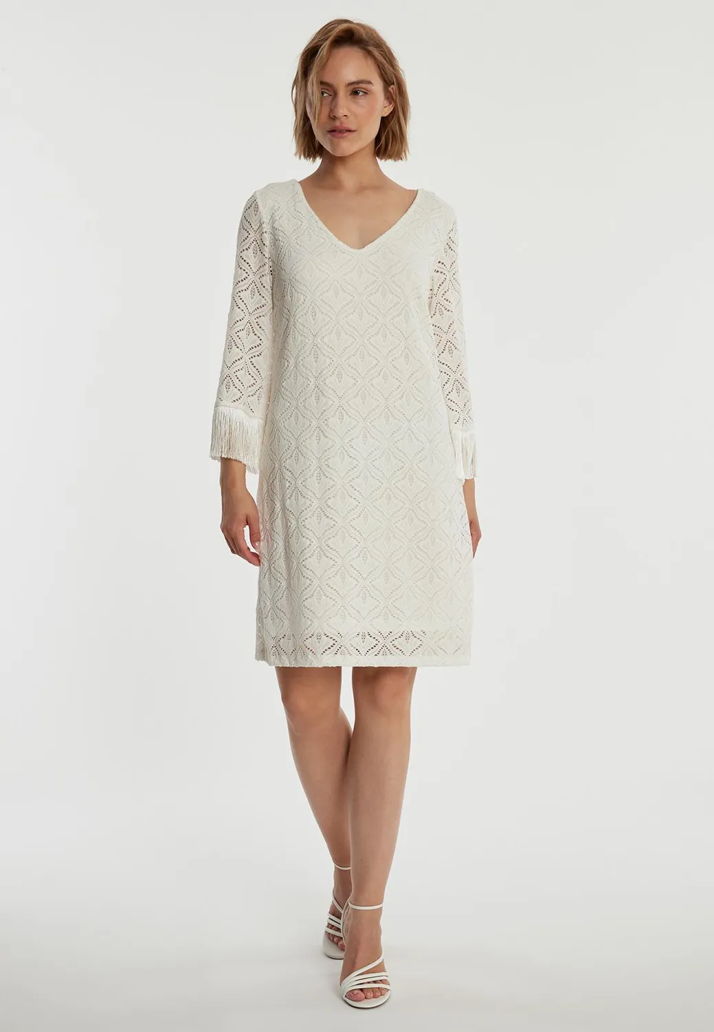 Ana Alcazar Zalea abito pizzo bianco con frange