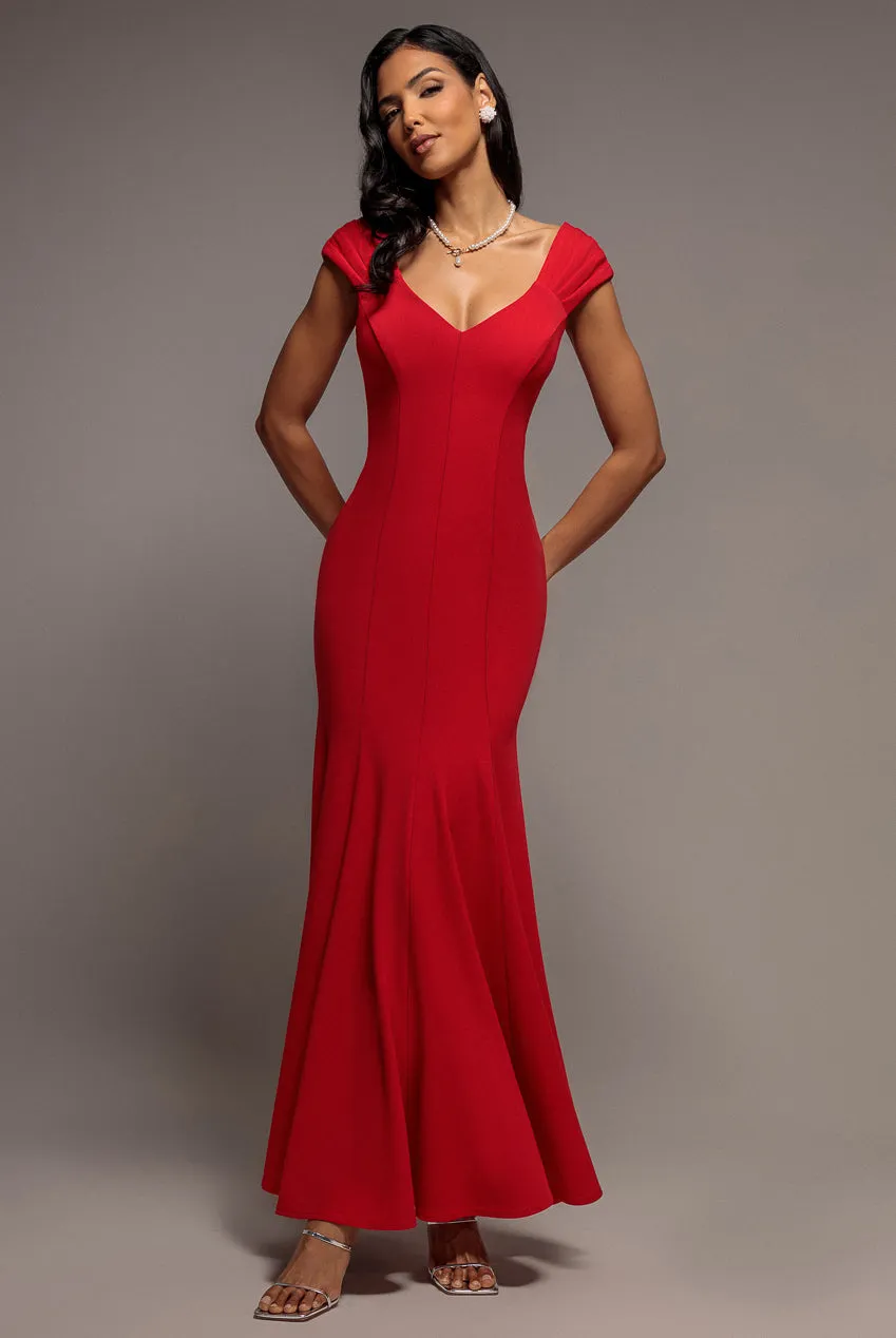 Goddiva Pleated Fit & Flare abito maxi rosso scuba