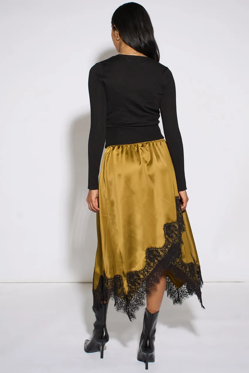 Gini London gonna satin kaki midi orlo asimmetrico pizzo