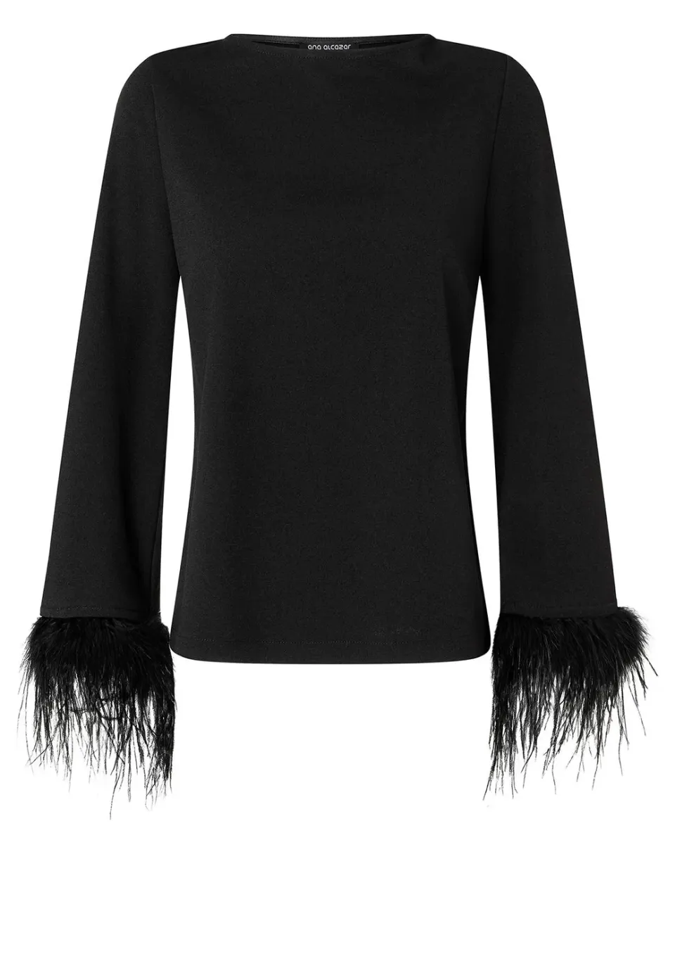Ana Alcazar Sinka top nero maniche tromba piume