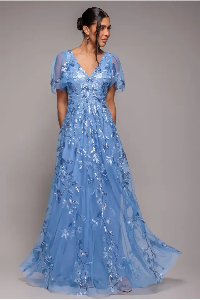 Goddiva Flared Sleeve abito maxi blu fiordaliso